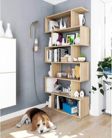 Zing Oak Effect Tall Bookcase: Modern 6-Compartment Display Shelf for Home Office - UK Luxury Furniture